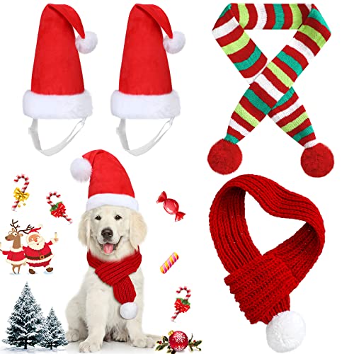 4 Pieces Christmas Dog Scarf with Santa Hat 2 Adjustable Christmas Pet Hat and 2 Pet Knit Red Scarf with White Pompom Ball Striped Scarf Winter Pet Accessory for Small Medium Large Dog von Frienda