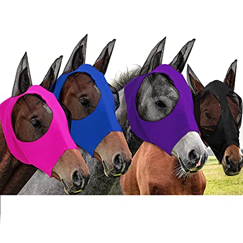 Frienda Fliegenmaske für Pferde, Fliegenmaske für Pferde, mit Ohrenschutz, glatte elastische Fliegenmaske mit Sonnenschutz für Pferde, Lila, Blau, Rosa, Schwarz, Größe L, 4 Stück von Frienda