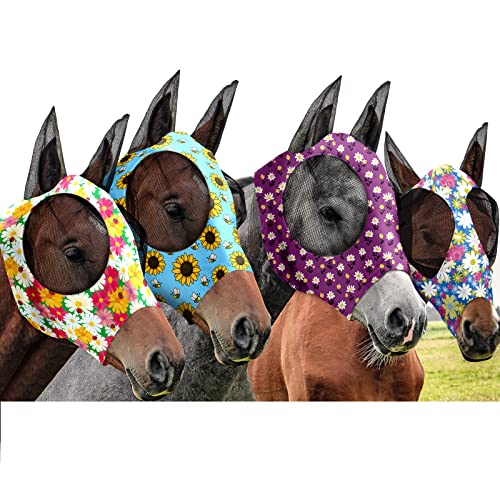 Frienda 4 Stück Pferde Fliegenmaske mit Ohren Gesichtsbedeckung Elastizität Glatt und Bequem Pferdemaske mit UV-Schutz für Pferde (Blume, Medium) von Frienda