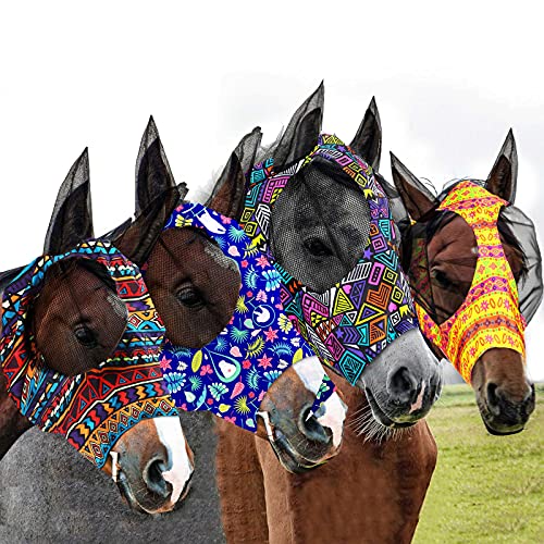 4 Stücke Pferd Fliegenmaske mit Ohren Gesichtsbedeckung Elastizität Glatte und Bequeme Pferdemaske mit UV-Schutz für Pferde (Blume, Large) von Frienda