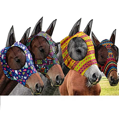 Frienda 4 Stück Pferd Fliegenmaske mit Ohren Gesichtsbedeckung Elastizität Glatt und Bequem Pferdemaske mit UV-Schutz für Pferde (Geometrisch, Medium) von Frienda