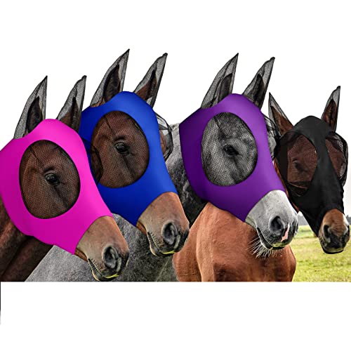 4 Stücke Pferd Fliegenmaske mit Ohrenschutz Pferdemaske Glatt Elastische Fliegenmaske mit Sonnenschutz für Pferde (Medium) von Frienda