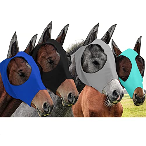 4 Stücke Pferd Fliegenmaske mit Ohrenschutz Pferdemaske Glatt Elastische Fliegenmaske mit Sonnenschutz für Pferde (Schwarz, Grau, Blau, Mintgrün, Medium) von Frienda