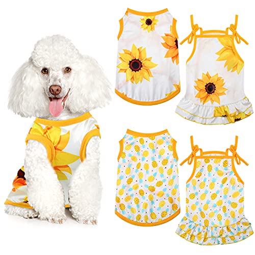 4-teiliges Haustier-Kleidungs-Set beinhaltet 2 niedliche Tierkleider, schöne Sommer-Frucht- und Sonnenblumen-Hundekleider und 2 Hunde-Shirts, atmungsaktives Haustier-T-Shirt, Welpen, Katzen (groß). von Frienda