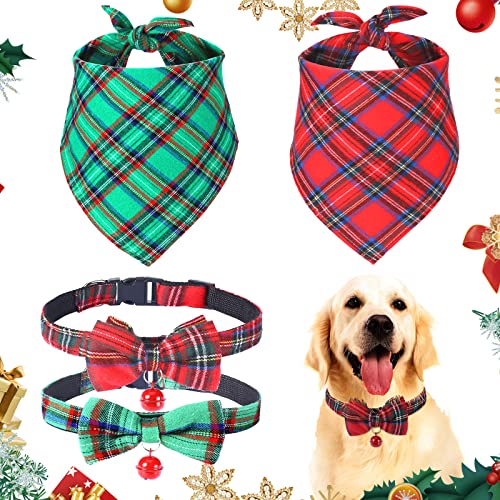 4-teiliges Weihnachts-Hundehalstücher und Halsbänder-Set, Weihnachten, klassisch, kariert, Dreieck, Lätzchen, verstellbare Fliege mit Sicherheitsglocke, Haustierkostüm-Zubehör für Katzen und Hunde von Frienda