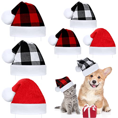 6 Stücke Weihnachtsmütze für Hunde Katze, Verstellbare Weihnachtsmütze mit Büffel Karomuster für Haustiere, Weihnachtsmütze mit Elastischem Kinnriemen für Hund Katze Kaninchen von Frienda
