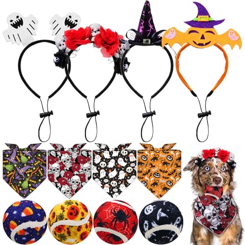 Frienda 12-teiliges Halloween-Kostüm-Zubehör für Hunde, quietschende Tennisbälle, verstellbares Haustier-Stirnband, Hundehalstuch, Dreieckstuch für Halloween-Outfit-Zubehör von Frienda