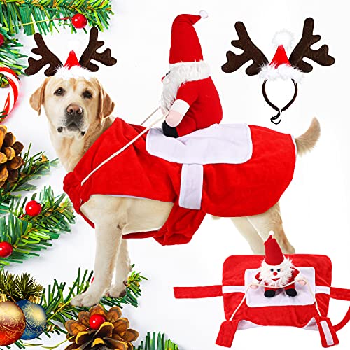 Frienda 2-teiliges Weihnachts-Hundekostüm, Haustier, Weihnachtsmann, Reitkostüm und Rentiergeweih, Stirnband, Weihnachtsfeier, Verkleidungsset für kleine, mittelgroße und große Hunde und Katzen (Größe von Frienda
