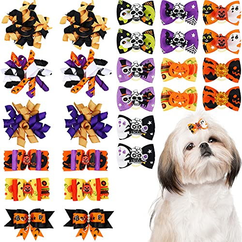 Frienda 26 Stück Halloween-Hunde-Haarschleifen für Hunde, gebogene Schleifen, gemischte Stile, Haustier, Katze, Welpen, Kürbis, Totenkopf-Haarschleifen mit Gummibändern zur Fellpflege. von Frienda