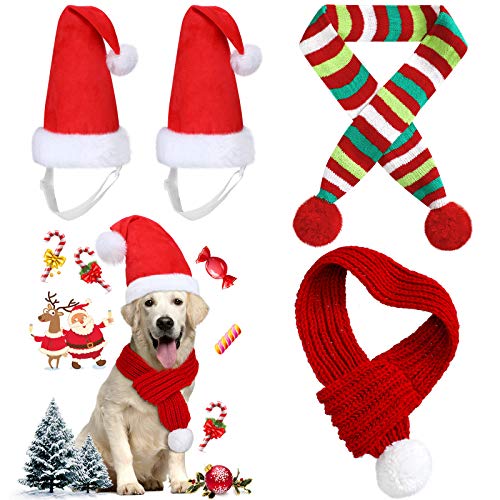 Frienda 4 Stück Weihnachtsmann Mütze mit Hunde Schal Hunde Weihnachten Kostüm 2 Verstellbare Hunde Weihnachtsmützen und 2 Rote Strickschals Winter Haustier Zubehör für Kleine Mittelgroße Große Hunde von Frienda