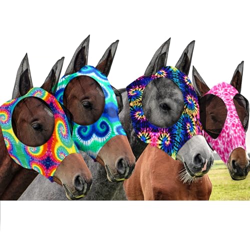 Frienda Fliegenmasken für Pferde mit Ohren, elastisch, glatt und bequem, mit UV-Schutz (Batikfärbung, mittelgroß), 4 Stück von Frienda