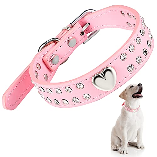 Kristall Hundehalsband Bling Strass Welpenhalsband mit Nieten PU Leder Haustier Halsband Verstellbares Halsband für Kleine und Mittelgroße Hunde (Herz Kristall, 37 x 2 cm) von Frienda