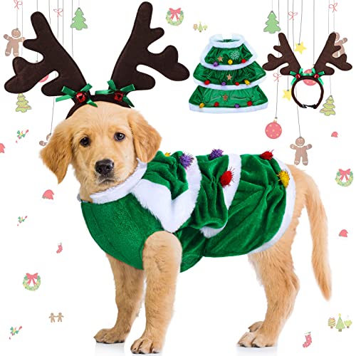 Weihnachts-Hundekostüm mit Rentier-Kostüm, mit grünem Weihnachtsbaum-Kleidung und Elch-Rentier-Geweih-Stirnband, warmer Wintermantel, Hirsch-Kopfbedeckung für Weihnachten, Haustier-Party (Größe XL) von Frienda