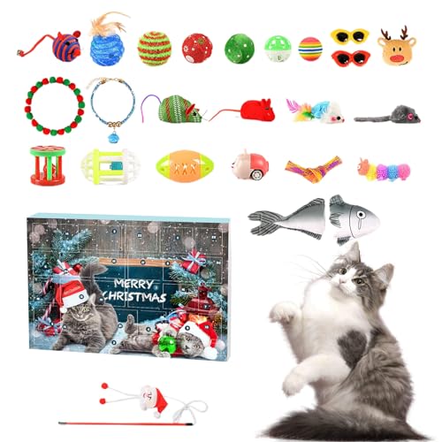Frifer Katzen-Adventskalender 2023, 24 Tage Katzen-Weihnachts-Countdown-Kalender, 24 Stück Katzenspielzeug mit Quietschbällen, interaktives Spielzeug als Katzengeschenk von Frifer