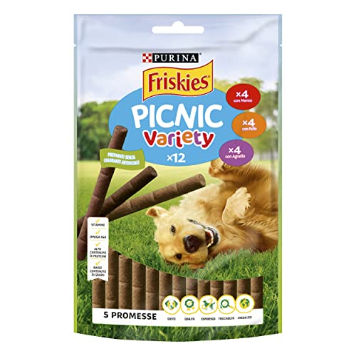 PURINA FRISKIES Picknick Variety 5 Versprechensnacks für Erwachsene Hunde mit Rind, Huhn und Lamm, 8 Packungen à 100 g von Friskies