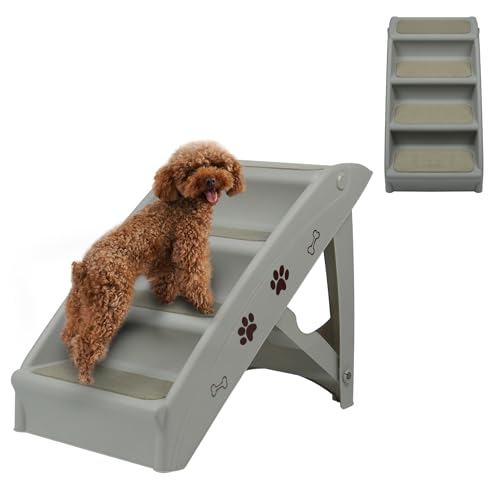 Froadp 49x38x61cm Klappbare Treppen für Hunde aus Kunststoff Faltbare Hundetreppe mit 4 Stufen & Filz Matte rutschfeste Katzentreppe Bett Balkon Sofa Tragebare Haustiertreppe für Hund Katzen (Grau) von Froadp