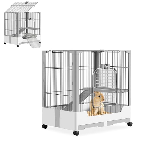 Froadp Kaninchenstall 1 Ebene Mobiler Haustierkäfig für Kaninchen, Meerschweinchen und Kleintiere, Kleintierkäfig mit Offenem Dach, Rollen, Sicherheitsschloss, Abnehmbar Ruheplattform und Leiter von Froadp