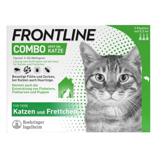 FRONTLINE Combo Katze gegen Zecken, Flöhe & Haarlinge (für Jede Größe & Gewicht) - 3X Pipetten für bis zu 3 Monate Schutz - auch gegen Floheier, Larven & Puppen im Haushalt - wasserfest von Frontline