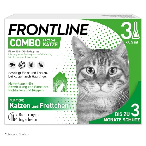 FRONTLINE Combo Katze gegen Zecken, Flöhe & Haarlinge (für Jede Größe & Gewicht) - 3X Pipetten für bis zu 3 Monate Schutz - auch gegen Floheier, Larven & Puppen im Haushalt - wasserfest von Frontline