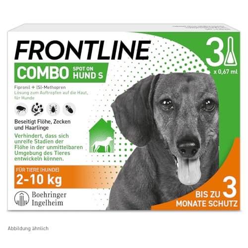 FRONTLINE Combo Hund S gegen Zecken, Flöhe & Haarlinge (kleine Hunde 2 bis 10 kg) - 3X Pipetten für bis zu 3 Monate Schutz - auch gegen Floheier, Larven & Puppen im Haushalt - wasserfest von FRONTLINE