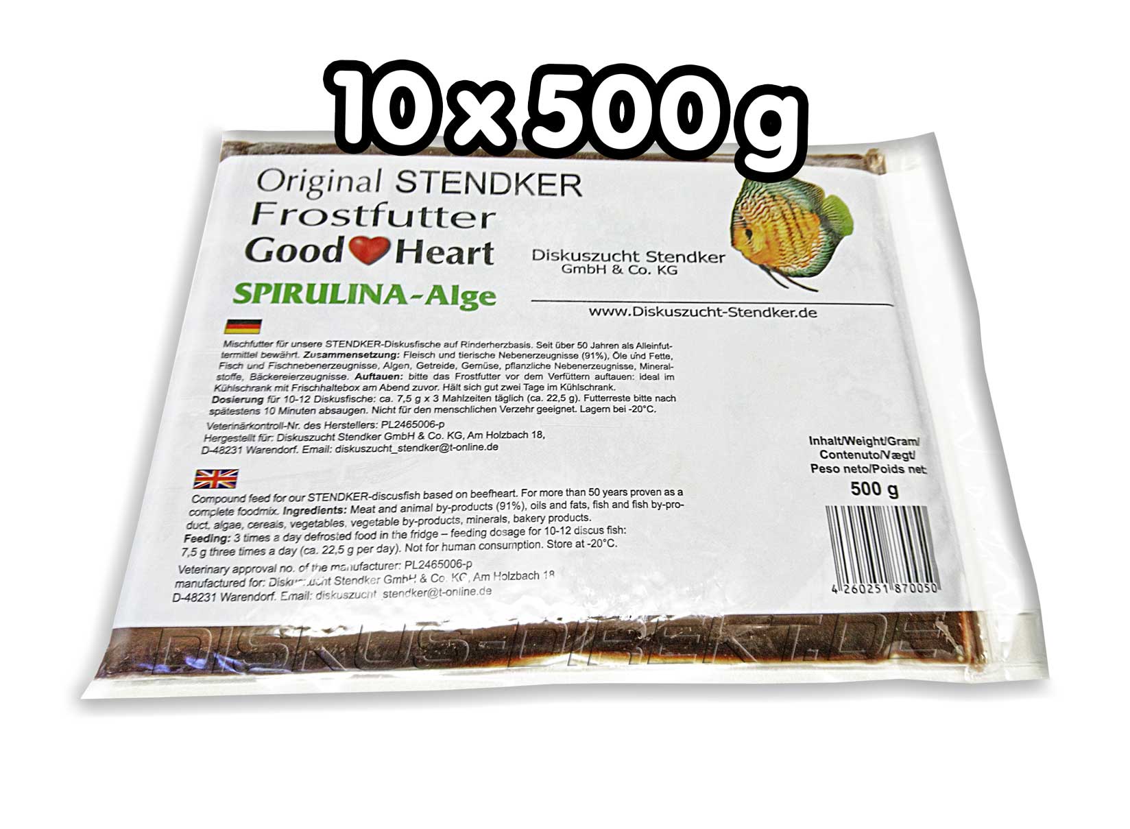 Vorteilspaket: 10 x 500g Stendker GoodHeart 500g 'SPIRULINA - Alge' Flachtafel = 5kg von Frostfutter Lager M