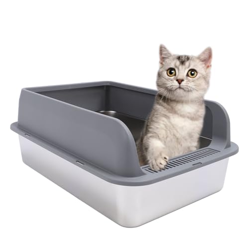 Edelstahl -Stahl -Katzentoilette Anti Spritzer geruchlos leicht zu reinigen hohe Seiten halb geschlossene Katzendrüsenschachtel mit Deckel für große Katzen (XL) von Fuchooky