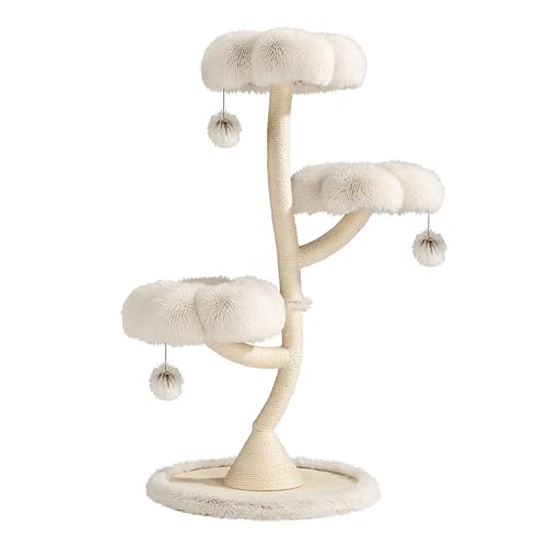 Fudajo Designer Kratzbaum mit 3 Mulden, Katzenkratzbaum Ø 59 cm und 125 cm Höhe, Katzenbaum bis max. 15 kg mit Sisal und Plüsch, Katzenmöbel mit 3 Etagen von Fudajo