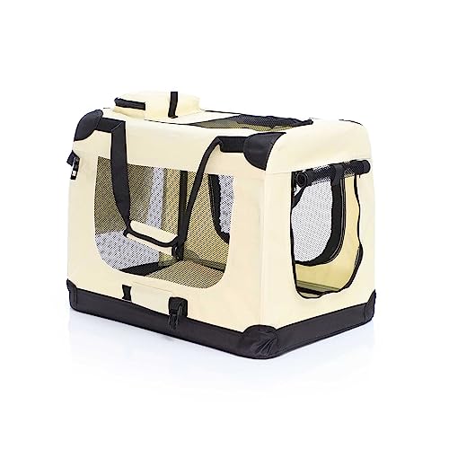 Fudajo Faltbare Transportbox für Hunde, Katzen M (60x42x44cm), robust, leicht, sicher, Hundebox mit Tragegriff und Decke, Beige von Fudajo