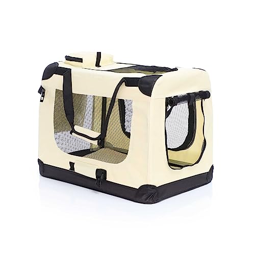 Fudajo Faltbare Transportbox für Hunde, Katzen S (50x34x36cm), robust, leicht, sicher, Hundebox mit Tragegriff und Decke, Beige von Fudajo