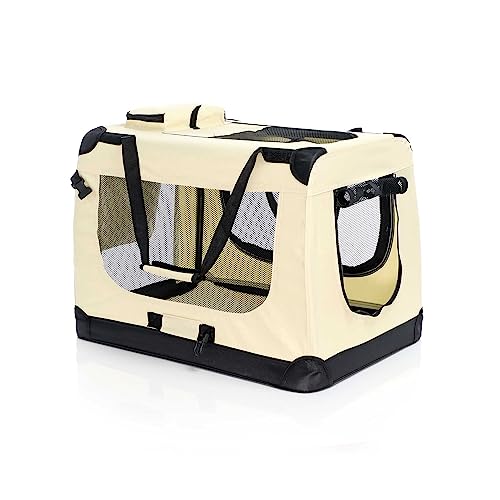 Fudajo Faltbare Transportbox für Hunde, Katzen L (70x52x50cm), robust, leicht, sicher, Hundebox mit Tragegriff und Decke, Beige von Fudajo