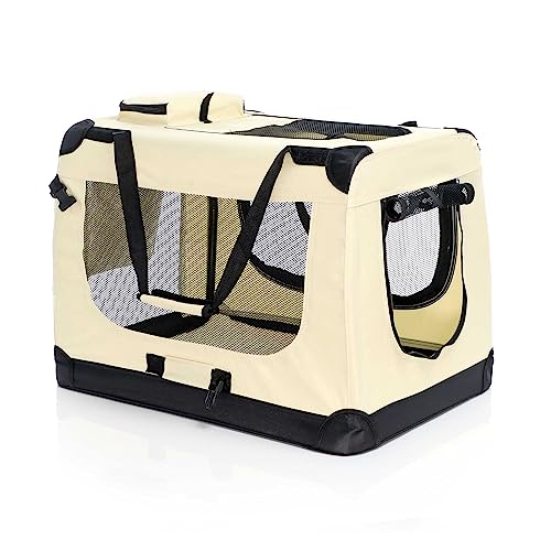 Fudajo Faltbare Transportbox für Hunde, Katzen XL (80x58x56cm), robust, leicht, sicher, Hundebox mit Tragegriff und Decke, Beige von Fudajo