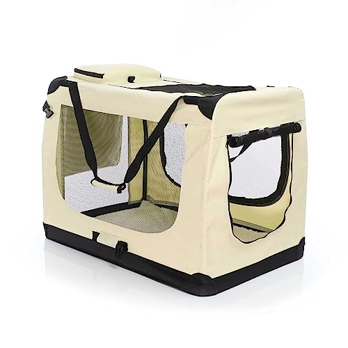 Fudajo Faltbare Transportbox für Hunde, Katzen XXL (90x63x63cm), robust, leicht, sicher, Hundebox mit Tragegriff und Decke, Beige von Fudajo