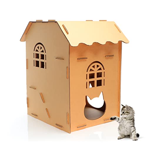 Katzenhaus hoch Katzenhütte aus Pappe Katzenhöhle aus Karton mit Fenstern Stecksystem von Fudajo