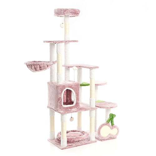 Fudajo Kratzbaum Kirschen in Rosa 162 cm hoch, Katzenkratzbaum mit Kratzbrett in Kirsch-Form, Katzenbaum mit Katzenhaus, Liegemulde und Spielbällen von Fudajo