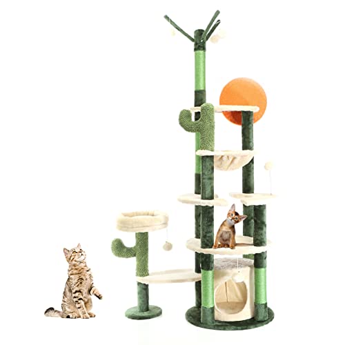 Fudajo Kratzbaum im Kaktusdesign Grün/Beige 172 cm, Katzenkratzbaum mit Katzenhaus und Liegemulde, Katzenbaum mit Sisal, Katzenmöbel mit Spielbälle von Fudajo