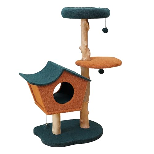 Fudajo Kratzbaum 114 cm mit Teddyfell und Birnbaumholz asymmetrisches Katzenhaus mit Spielbällen von Fudajo