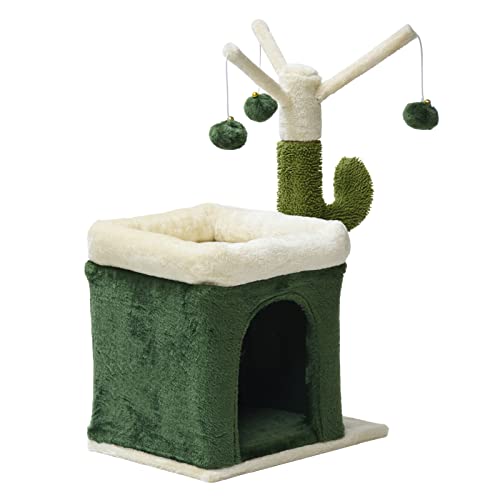 Fudajo Kratzbaum im Kaktus-Design 70 cm hoch, Katzenkratzbaum in Grün/Beige, Katzenbaum mit Katzenhaus und 3 Spielbällen, Kletterbaum für Katzen von WilTec