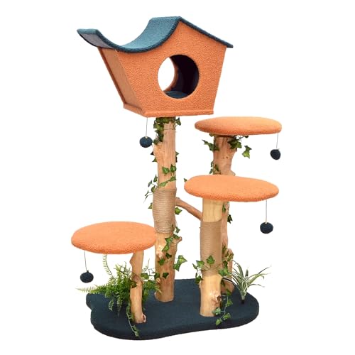 Fudajo Kratzbaum mit Pflanzendeko 135 cm, Katzenkratzbaum mit Teddyfell und Birnbaumholz, Katzenhaus mit Spielbällen, Katzenmöbel mit Plattformen von Fudajo