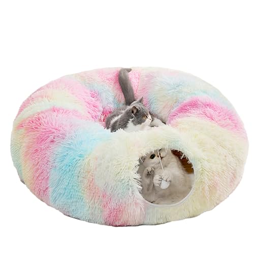 Katzentunnelbett mit zentraler Matte, Plüsch, faltbares Donut-Nest, Haustier-Tunnelnest, großes Katzen-Donut-Bett, Tunnelrohr für Indoor-Katzen, Kätzchen, Frettchen (bunt) von Fuerdich