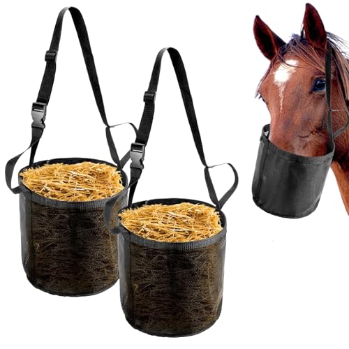 2 Stück Futtertaschen für Pferde, Mesh-Pferdefutterspender mit verstellbarem Riemen Komfort Nackenpolster und wasserdichter Boden, langlebig Maulkorb Futterbeutel für Getreide und Heu (schwarz) von Fuikupe