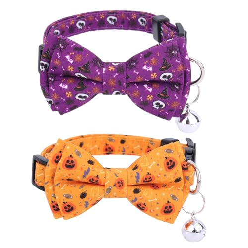 2stk Halloween-Katzenhalsband mit Fliege und Glöckchen, Verstellbares Abreißbares Kätzchenhalsband Gruseliges Halloween-Dekorationszubehör für Katzen und Kleine Welpen (Stil 1) von Fukaisu