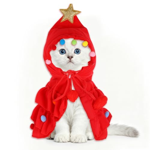 Fukaisu Weihnachtsoutfit Haustiere, Weihnachtsbaumumhang Katzen und Hunde mit Stern und Pompon Design Umhang für Feiertage Partykleidung für Kleine Mittelgroße Hunde Katzen Haustierbedarf (Rot) von Fukaisu