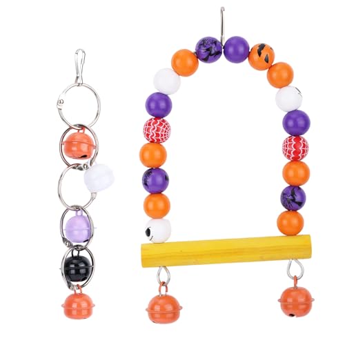 Vogelspielzeug-Set, Halloween-Thema, Vogelsitzstange, Schaukel zum Aufhängen und Glockenringe, bunte Papageien, Käfigzubehör für Wellensittiche, Nymphensittiche, Wellensittiche, Finken, 2 Stück von Fukaisu