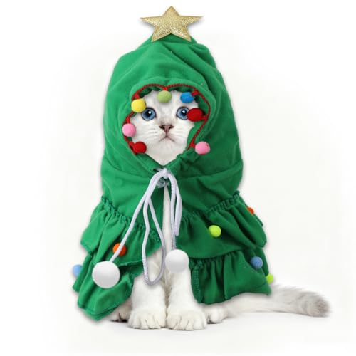 Weihnachtskostüm für Katzen, Weicher Grüner Haustierumhang mit Mütze Süße Sterne und Bunte Pompons Weihnachtsbaum-Kätzchen-Outfit für Kleine Hunde Weihnachtsmann-Geschenke Weihnachtskostüm für Katzen, Weicher Grüner Haustierumhang mit Mütze Süße Sterne und Bunte Pompons Weihnachtsbaum-Kätzchen-Outfit für Kleine Hunde Weihnachtsmann-Geschenke von Fukaisu