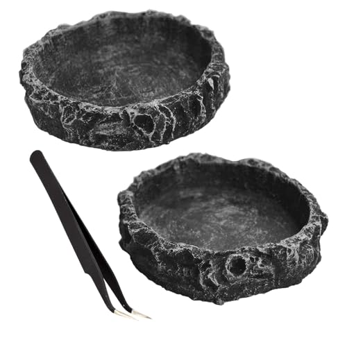 Fulanfudi Reptilien-Wassernapf, Futternapf-Set, Reptilien-Futter- und Wasserschale mit Fütterungspinzette, Zange für Leopard, Gecko, Eidechse, Frosch, Schlange, Chamäleon, Schildkröte, 2 Stück (Stil von Fulanfudi