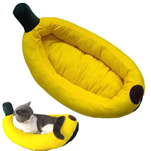 Fulenyi Katzenbett für Katzen im Innenbereich – warmes und weiches Hundebett für Katzen | Sofa Punny gelb weich und warm in Bananenform mit Füllung aus Baumwolle mit Perlgarn von Fulenyi