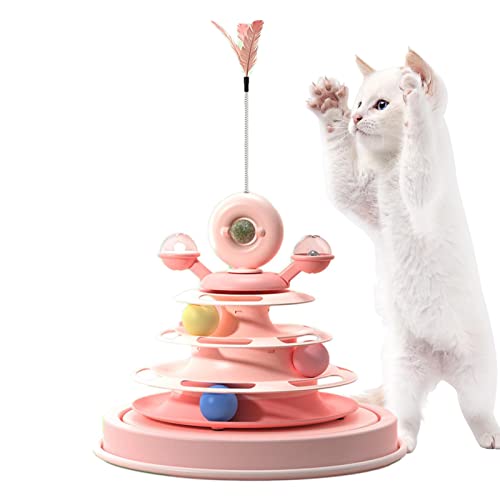 Fulenyi Katzenkugelturm, 360 ° drehbarer Drehteller Katzenspielzeug, 4 Ebenen Pet Turntable Toy Rotierende Windmühle mit Katzenfeder-Teasern und Katzenminze zum Trainieren von Fulenyi