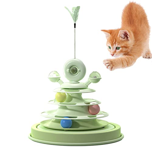 Fulenyi Katzenkugelturm,360° drehbarer Katzenspielzeug-Roller - 4-stufige Katzenroller-Kugelbahn mit Katzenminze und drehender Windmühle, Katzenfeder-Stick-Spielzeug für Kätzchen von Fulenyi