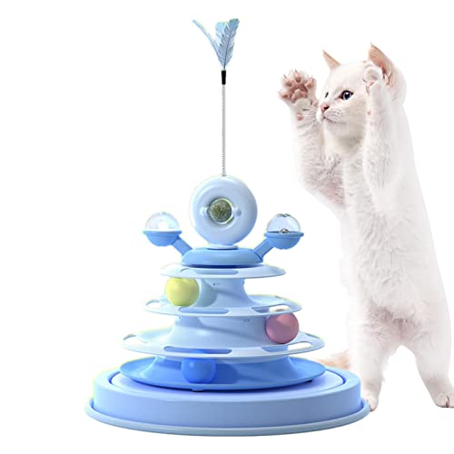 Fulenyi Katzenkugelturm,360° drehbares Katzenspielzeug - 4-stufige Katzenroller-Kugelbahn mit Katzenminze und drehender Windmühle, Katzenfeder-Stick-Spielzeug für Kätzchen von Fulenyi