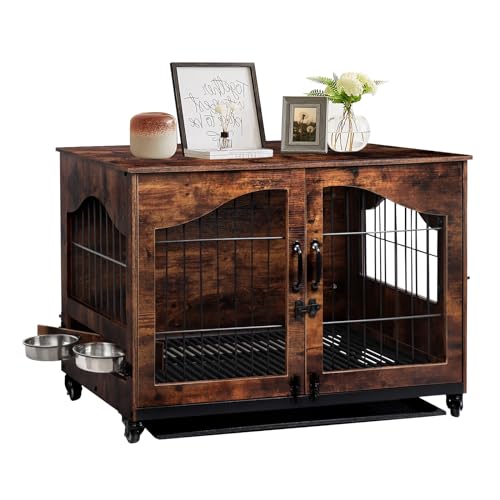 Fulgutonit Hundekäfig für Zuhause, Mittlere Hundekäfig Möbel Indoor mit 360° Drehbaren Hundenapf, Hundebox mit 2 Türen & Räder, Moderne Hundekäfig Holz für Kleine/Mittelgrosse Hunde von Fulgutonit